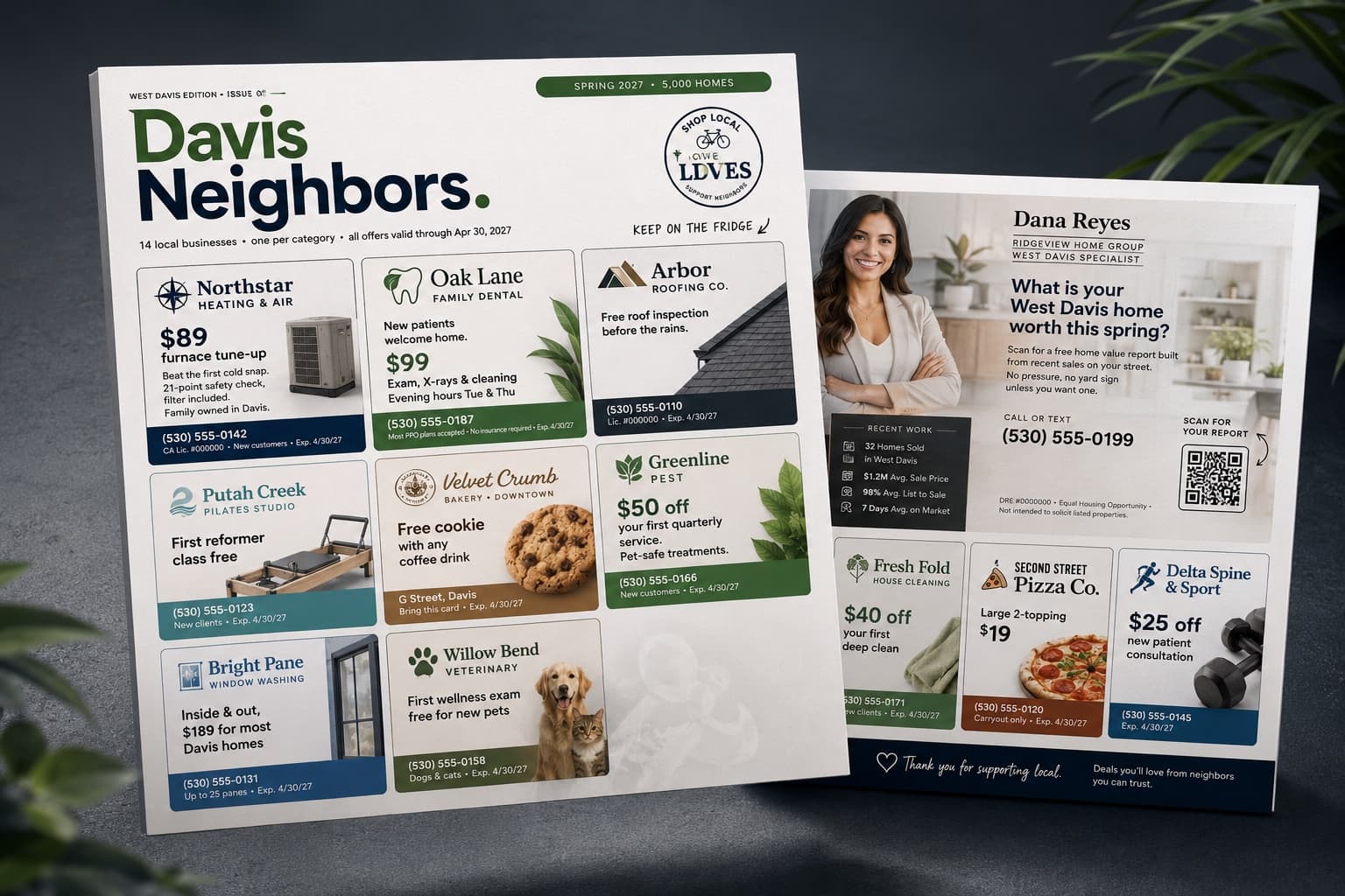 Front and back of the Davis Neighbors mailer, with local business ads and a realtor feature on the back